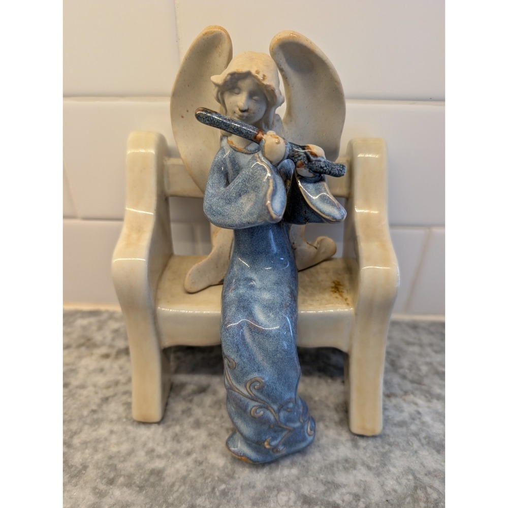 Stoneware Angel Playing Flute‎ Shelf Sitter Blue Glazed Vintage